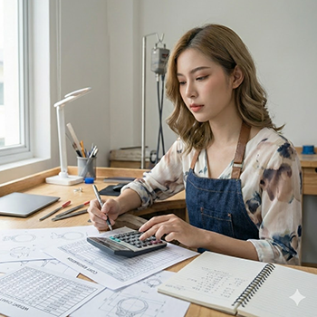 女性が電卓で計算している